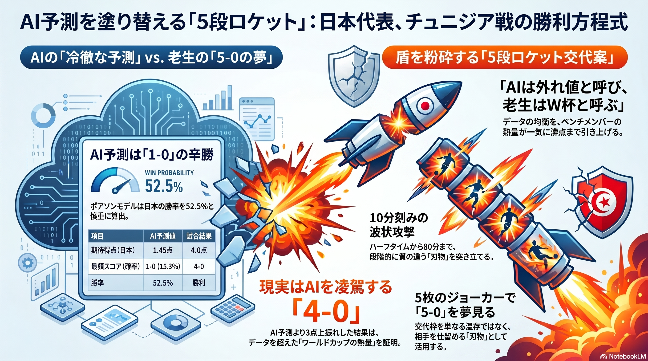 【B面095】AIは1-0と告げ、老生は5-0を夢見る──対チュニジア戦、冷徹な計算機を狂わせる「五段ロケット」交代案