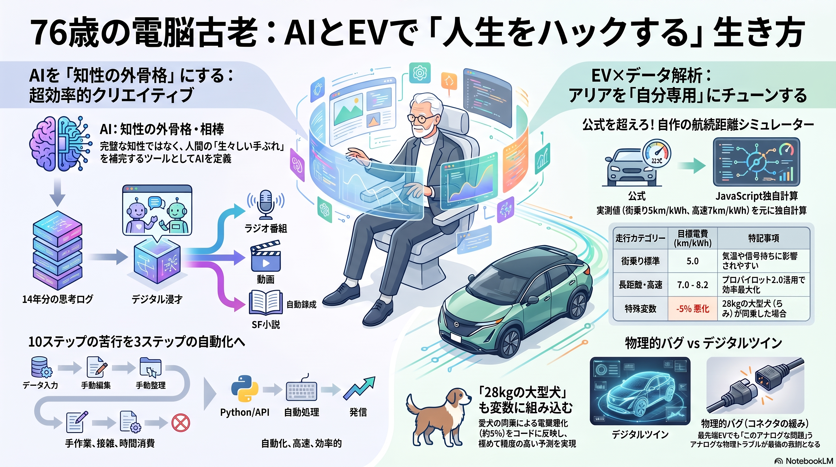 76歳の電脳古老：AIとEVで「人生をハックする」生き方 インフォグラフィック