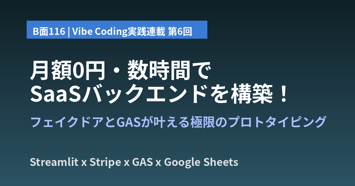 【B面116】【Vibe Coding連載 第6回】月額0円・数時間でSaaSバックエンドを構築！フェイクドアとGASが叶える極限のプロトタイピング