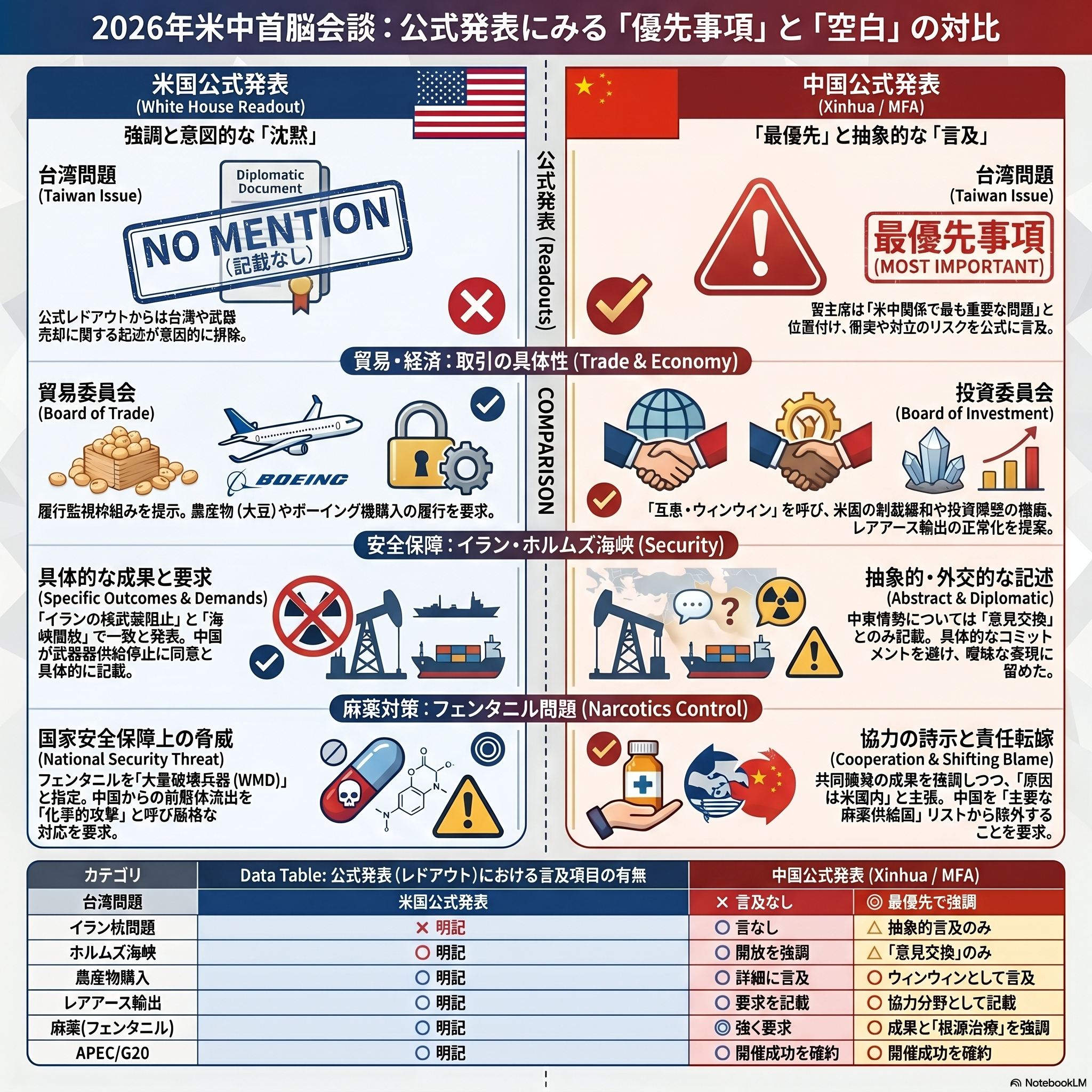 2026年米中首脳会談の公式発表比較